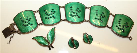 Pair of Anderson earrings, a brooch and an enamel bracelet